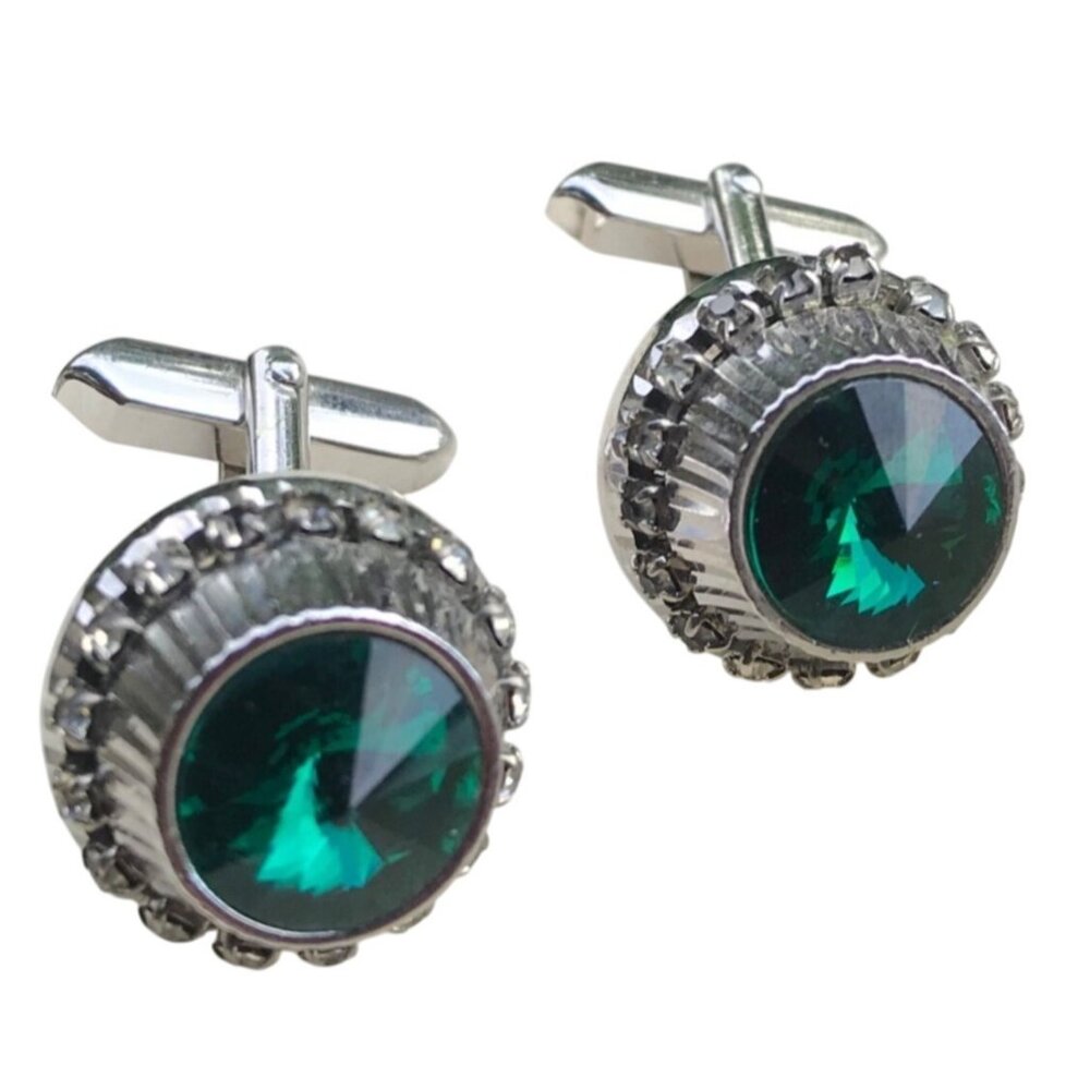Cufflinks Green Rhinestone Silver Tone Pair St Patricks Day Wedding Formal